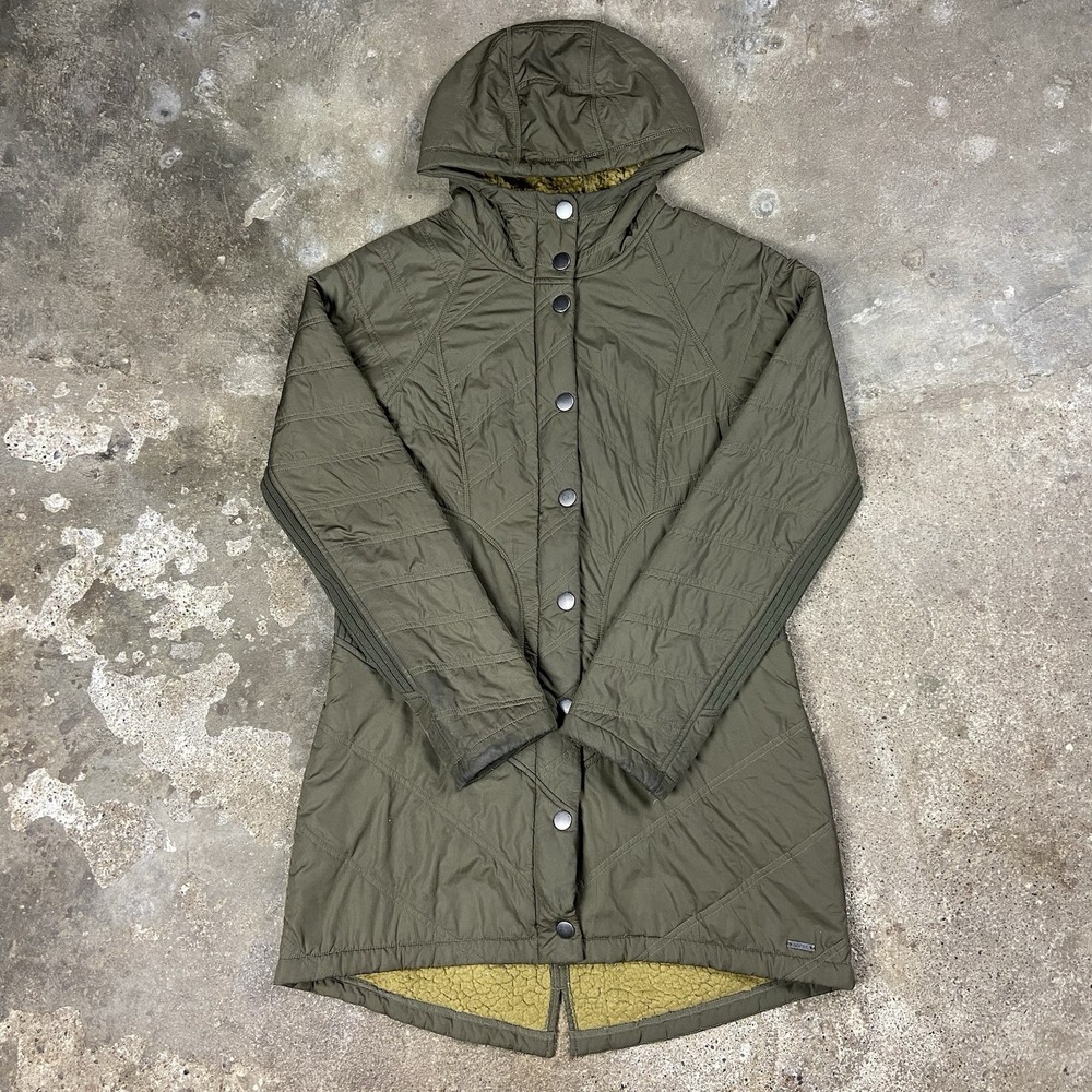 Prana Parka Jacket Womens Size Small Olive Green Sherpa Lined Full Zip Snap Down